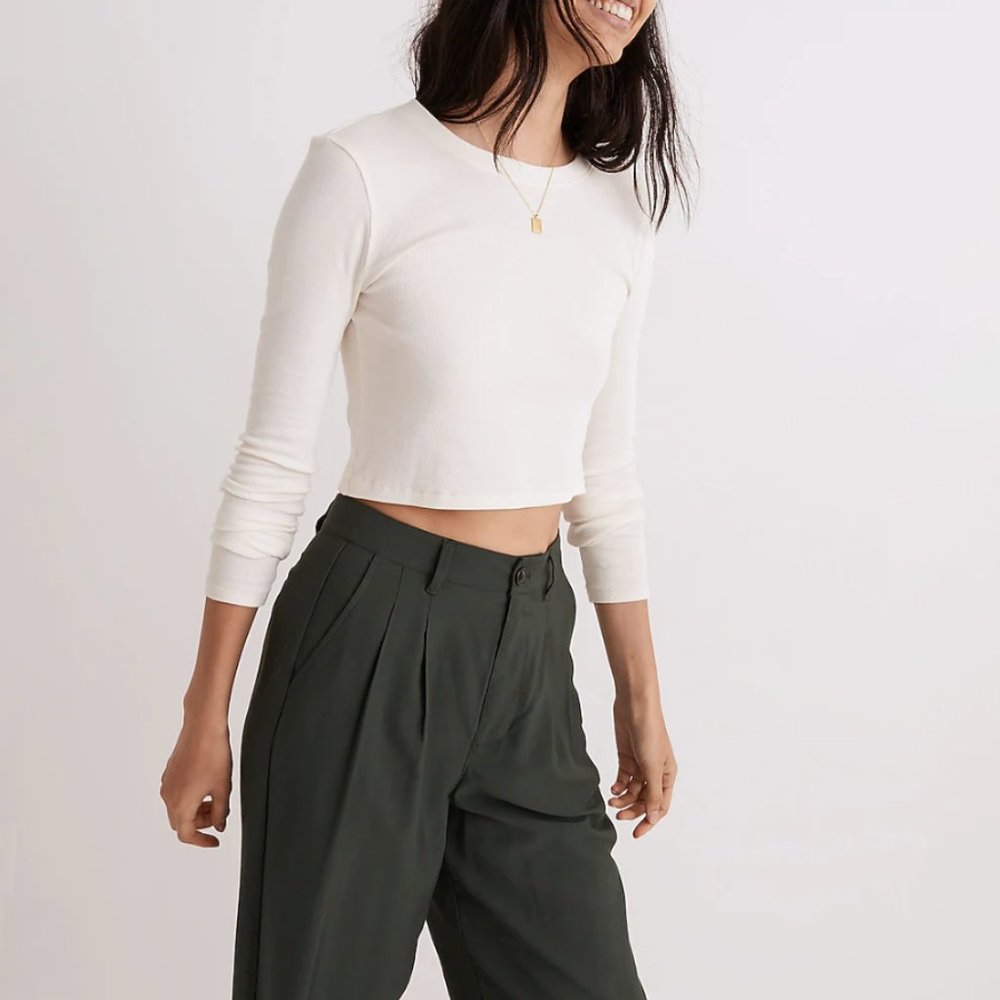 Madewell NWT Fine Ribbed Supercrop Crewneck Long-Sleeve Tee - Antique Cream